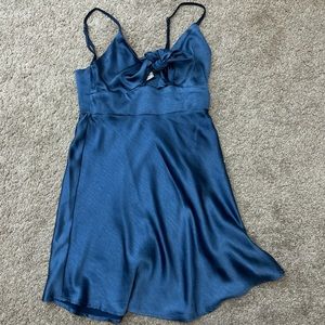 Navy satin mini dress.